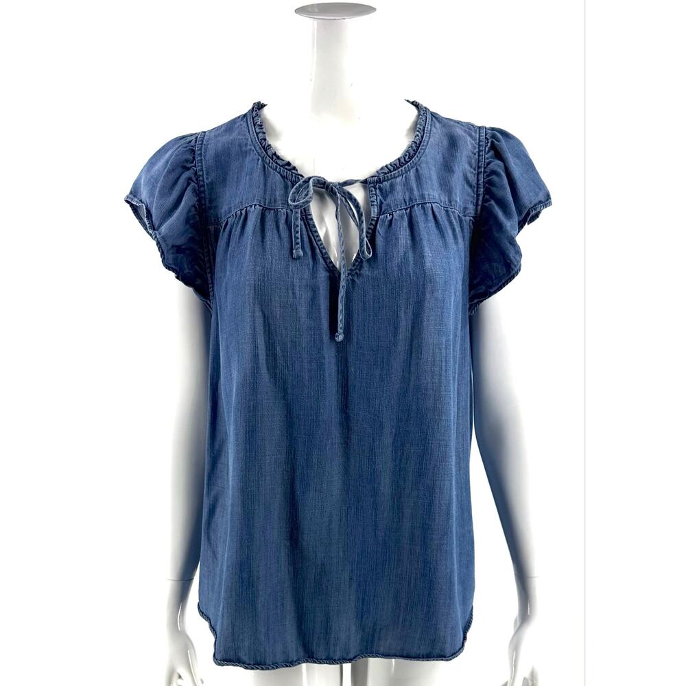 LC Lauren Conrad Womens Top Size Large Blue Chambray Peasant Ruffle Sleeve